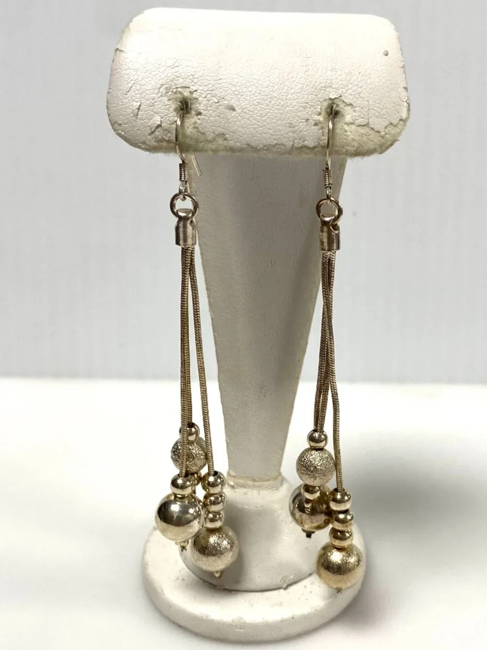 m947 Vintage 925 Sterling Silver 3-strand Long Pierced Dangle Earrings